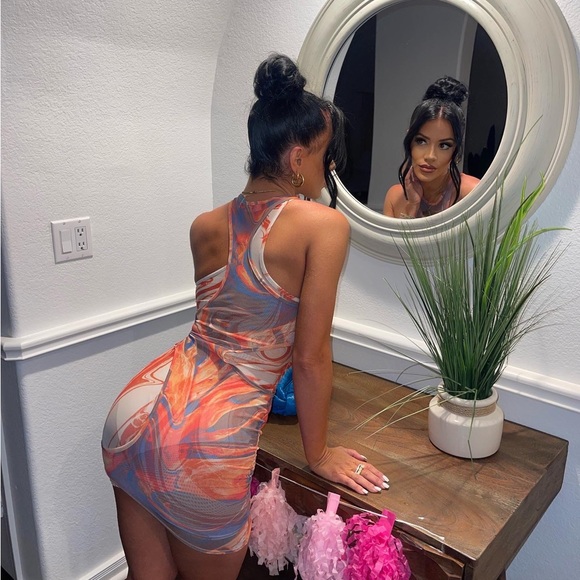 JADED LONDON Mixed Marble Print Racer Neck Cut Out Double Layer Mesh Dress - Picture 5 of 5